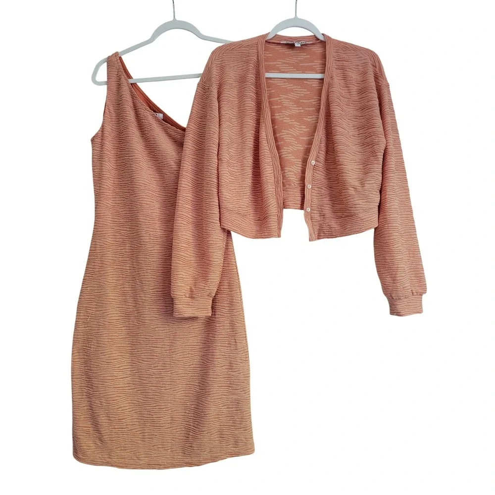 Walter Baker Matching Set Pink Textured Knit One Shoulder Dress Cardigan Medium